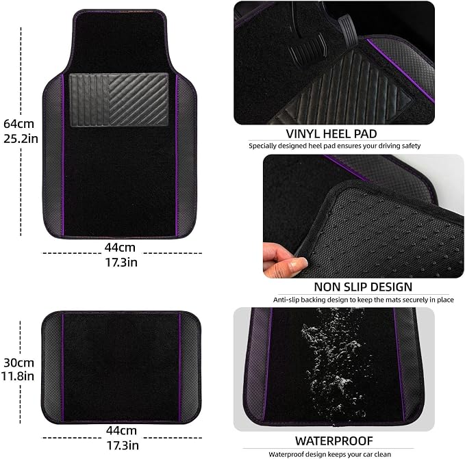 NBTEPEM Waterproof Universal Fit Car Floor Mats, Faux Leather Sporty Car Carpet Mats with Anti-Slip Nibbs Backing & Driver Heel Pad Fit for SUV, Vans, Sedans, Trucks, Set of 4 (Black with Purple line)