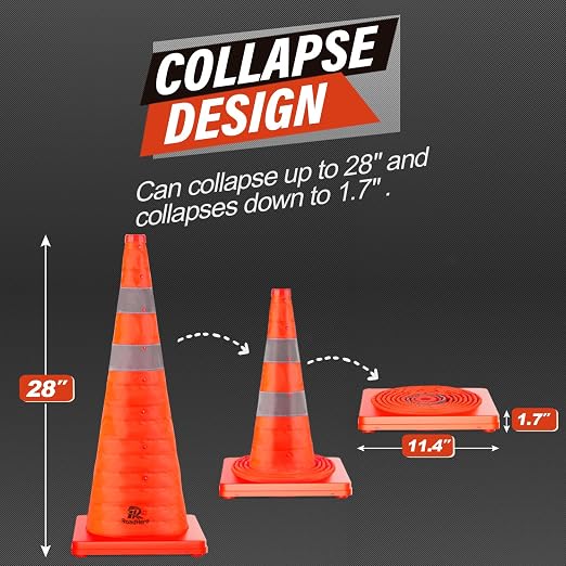 RoadHero 28 Inch 8 Pack Collapsible Traffic Cones, Multi Purpose Pop-up Orange Cones with Reflective Collar for Road Safety, Parking Cones for Sports, Driving Training