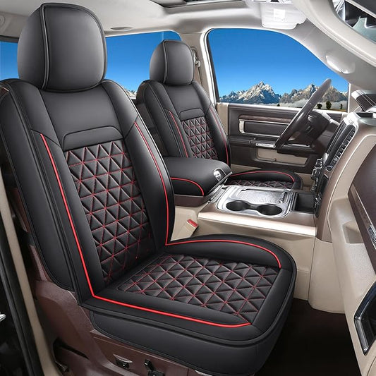 Coverado Leather Car Seat Covers, Waterproof Dooge Ram 1500 Seat Covers Compatible with 2002-2026 Dodge Ram 1500 2500 3500 with Flat Bench (Full Set, Black&Red line)