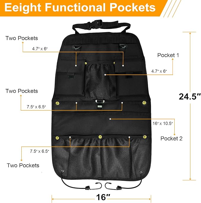 Car Seat Back Organizer with Multiple Storage Pockets, Black Mesh and Fabric, Universal Fit