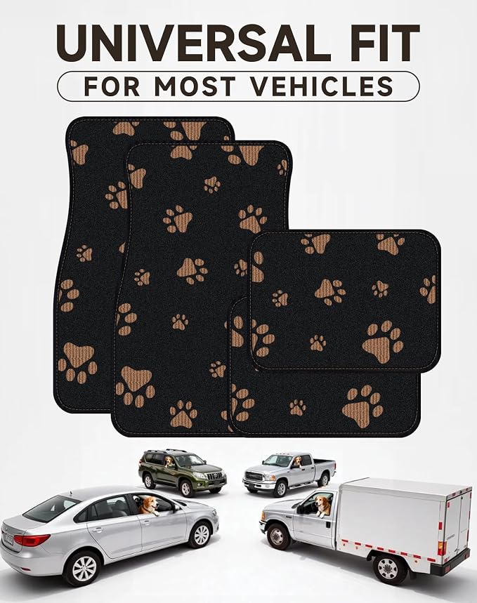 Cute Embroidered Dog Paw Car Floor Mats for Pet Lovers, Universal Fit All Weather Car Mats with Anti-Slip Nibbs Backing, Carpet Floor Mats for Cars, Trucks & Sedans, Full Set of 4 (Brown Paw)