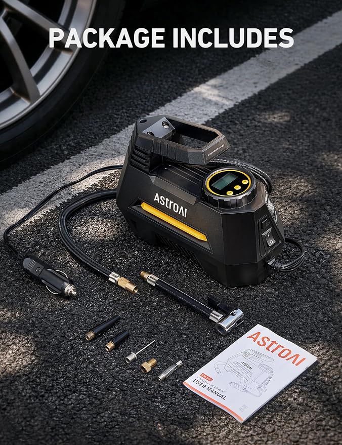 AstroAI AIRUN H Tire Inflator Portable Air Compressor,9.8Ft Cord-12VDC-Powered Auto Shut-Off,Fast Inflation Electric Air Pump for Car Tires-Car Accessories with Digital Pressure Gauge,LED Light,Yellow