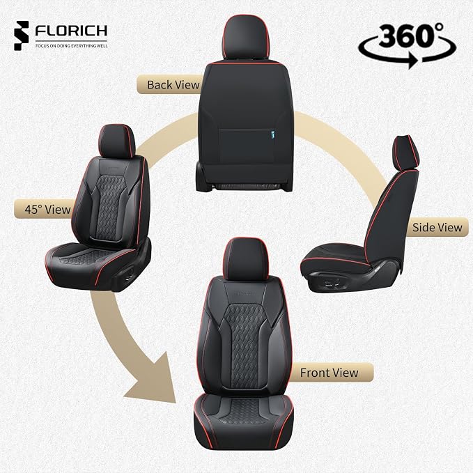 FLORICH Seat Covers, Car Seat Covers Full Set, Luxury Nappa Leather Seat Covers, Breathable and Waterproof Car Seat Protector 5 Seat, Automotive Seat Covers Universal Fit for Most Cars-BlackRedline