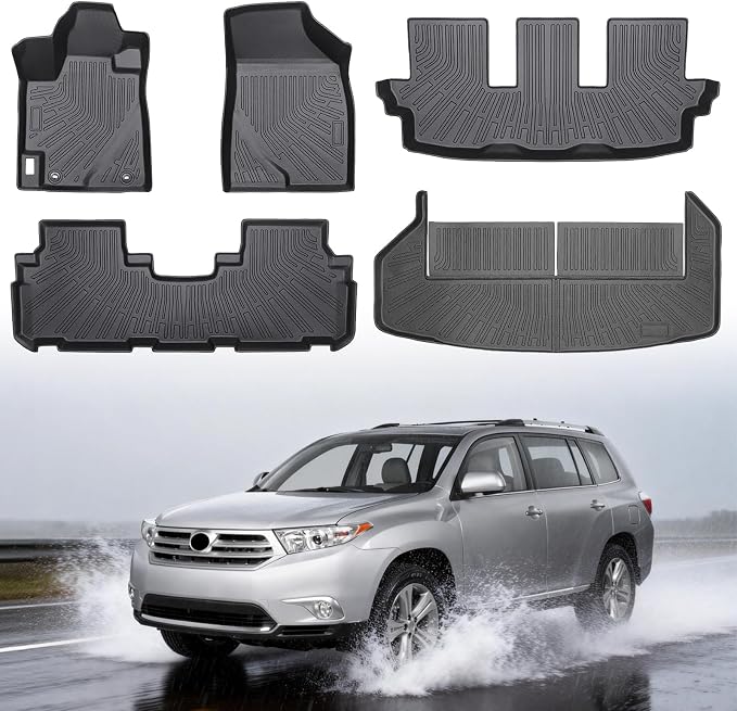 Floor Mats & Cargo Liner for Toyota Highlander 2008-2013 (Non-Hybrid) | All Weather Protection TPE Floor Liners Custom Fit Car Mats Full Set for Highlander Accessories 3 Rows and Cargo Liner Set