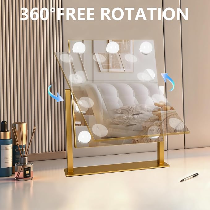Moonee Vanity Mirror with Lights, Gold Hollywood Lighted Makeup Mirror with 9 Dimmable Bulbs and 10X Magnification 360°Rotation, 3 Colors Modes, Light Up Mirror for Tabletop（12" x 14"）