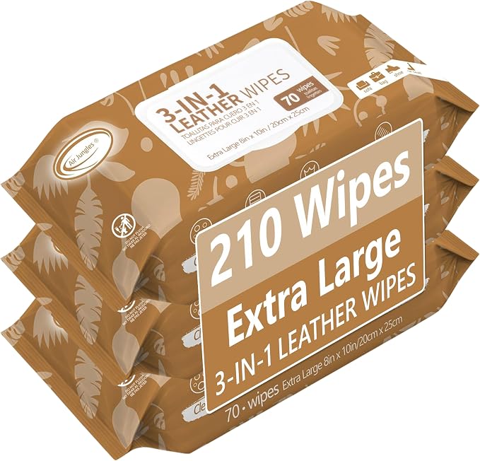 Air Jungles 3in1 Leather Cleaner Wipes 70 Count (3 Pack), XL 8x10 Inch | Clean Condition Protect Wipes for Vinyl and Leather Apparel Furniture Auto Car Interior Shoes Boots Bags