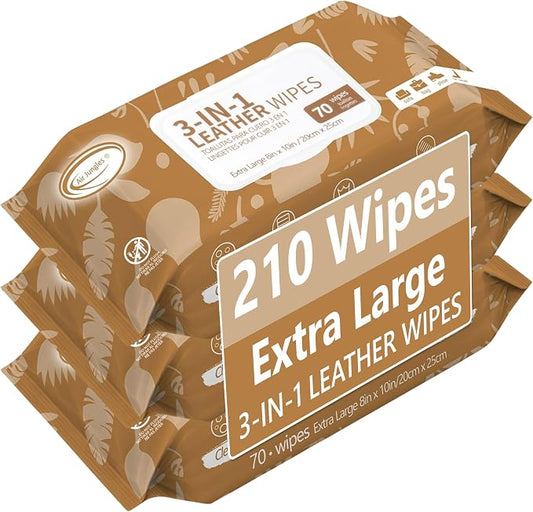 Air Jungles 3in1 Leather Cleaner Wipes 70 Count (3 Pack), XL 8x10 Inch | Clean Condition Protect Wipes for Vinyl and Leather Apparel Furniture Auto Car Interior Shoes Boots Bags