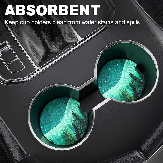2 Pack Car Cup Holder Coaster, 2.63 inch Anti Slip Insert Absorbent Ceramic Car Coaster with Cork Base and Finger Notch, Cute Car Accessories Interior for Women, Cute Car Coasters.