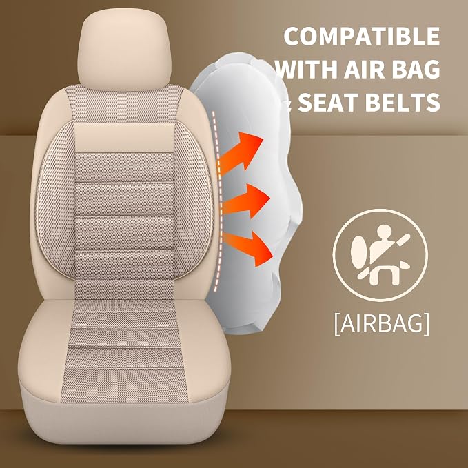 HChengkikz Car Seat Covers, Leather, 3D Foam Back Support (Beige) | Air Mesh, Airbag Compatible, Universal Fit for Most Cars, Vans, Trucks, SUVs