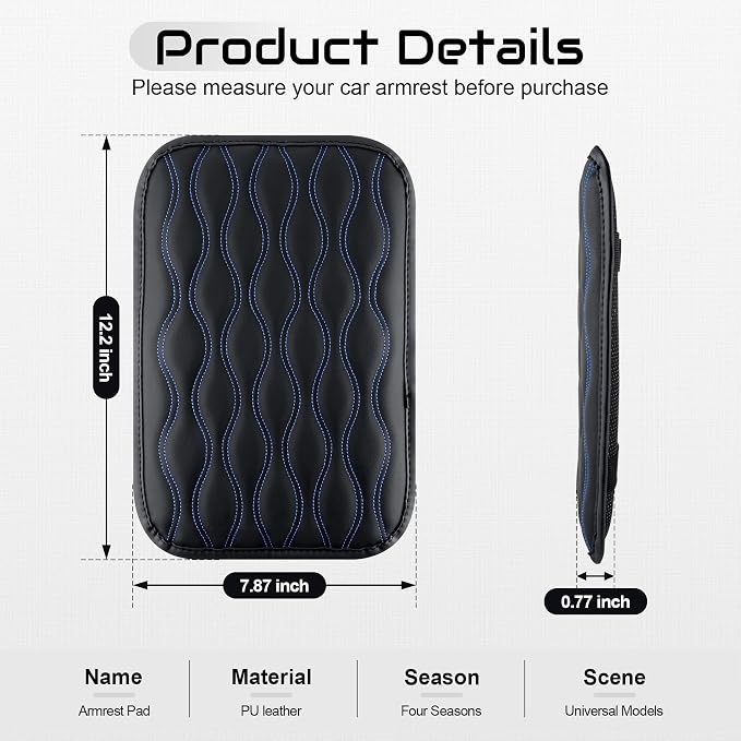 Amiss Car Center Console Cover, Upgraded Leather Car Armrest Cushion, Universal Waterproof Cushion Pad, Non-Slip Car Interior Accessories, Fits Most Sedans SUVs Trucks (Blue Line)