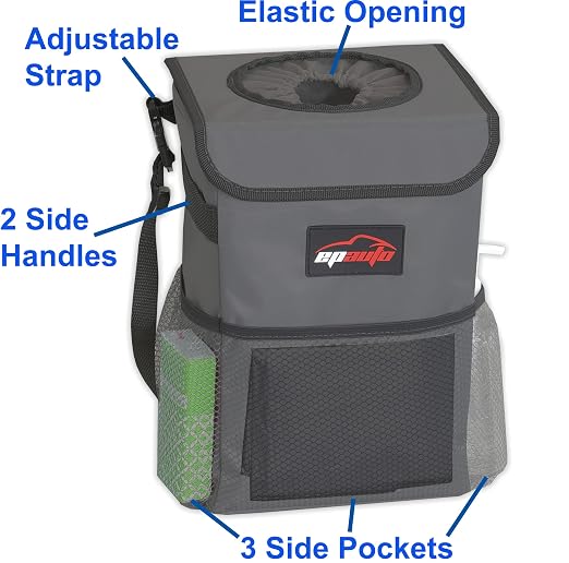EPAuto Waterproof Car Trash Can with Lid and Pockets, 2.5 Gal, Dark Gray | Leakproof, Collapsible Multipurpose Car Bin with 3 Side Storage Pockets, Adjustable Straps