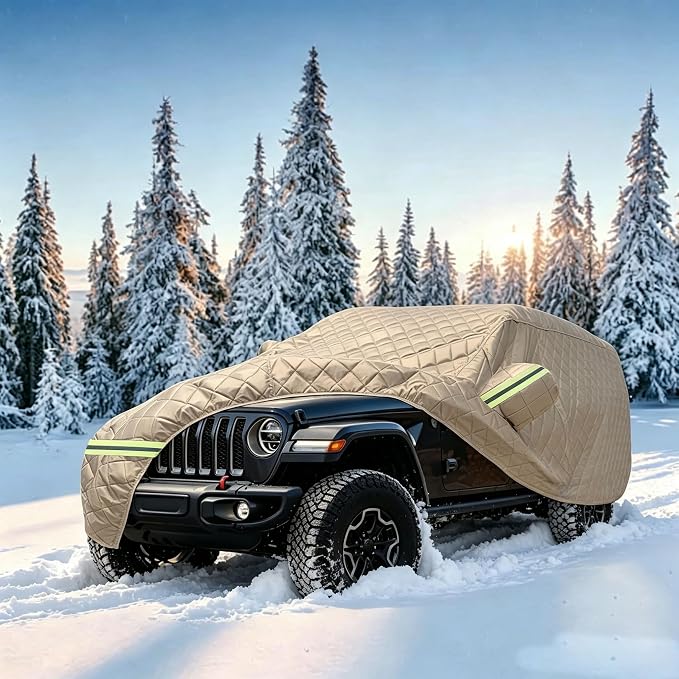 7 Layers Waterproof Cover, Heavy Duty Car Covers with Zipper Door, All-Weather Car Cover – Protects Against UV Rays, Hail, Water, Dust & Snow, Universal Fit SUV 201" to 206"(Khaki)