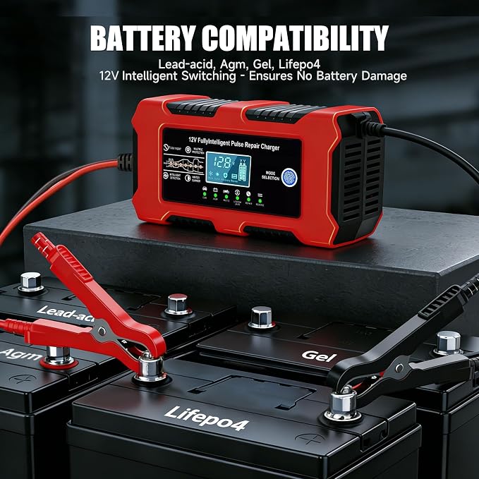 12V 10A Car Battery Charger, Smart Trickle Charger, Automotive Battery Charger with Temperature Compensation/Desulfator Maintainer for Car、Motorcycles、Lawnmowers、Trucks