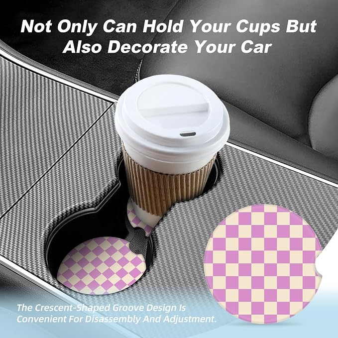 Purple Checkered Car Coasters for Cup Holders,2 Pack Car Cup Holder Coasters for Car,Ceramic Absorbent Car Coaster with A Finger Notch and Cork Base,Car Interior Accessories for Women Men