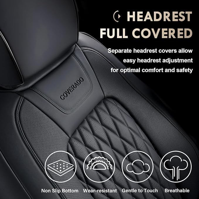 Coverado Leather Seat Cover, Custom Fit for Ford F150 Seat Covers, Ford F150 Truck Seat Covers Waterproof Fit for 2015-2026 F150 & 2017-2025 F250 F350 F450 Black - Front Pair