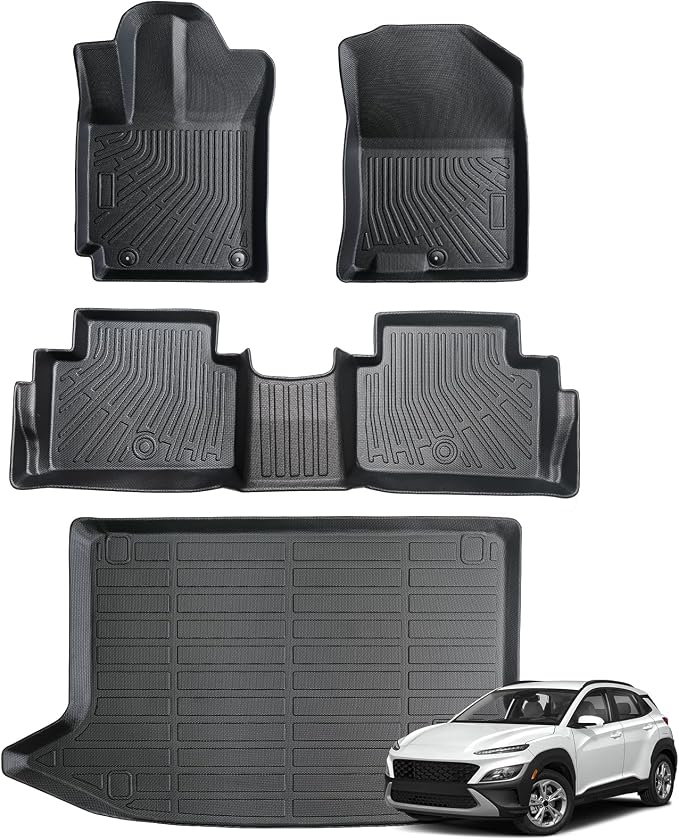 Floor Mats for Hyundai Kona 2018-2023 (No for EV) & Kona N 2022 2023 | Custom Fit All-Weather Rubber Car Cargo Liners for Hyundai, High Edges Anti-Slip TPE Mats, Front & 2nd Row & Trunk Mat