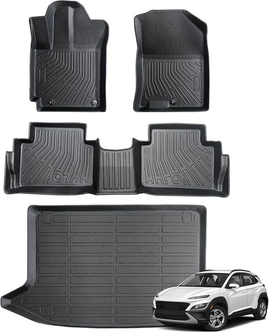 Floor Mats for Hyundai Kona 2018-2023 (No for EV) & Kona N 2022 2023 | Custom Fit All-Weather Rubber Car Cargo Liners for Hyundai, High Edges Anti-Slip TPE Mats, Front & 2nd Row & Trunk Mat