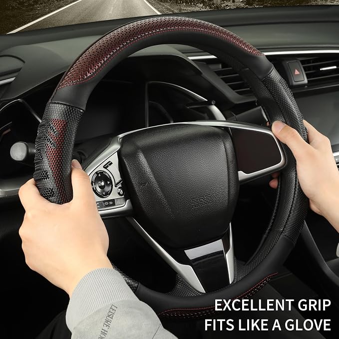 D Shaped Steering Wheel Cover Great Grip with 3D Honeycomb 14 inch | Anti-Slip Silicone Heavy-duty Microfiber Leather Sporty Design, Small 13.5 inch - 14 inch, Black with Burgundy