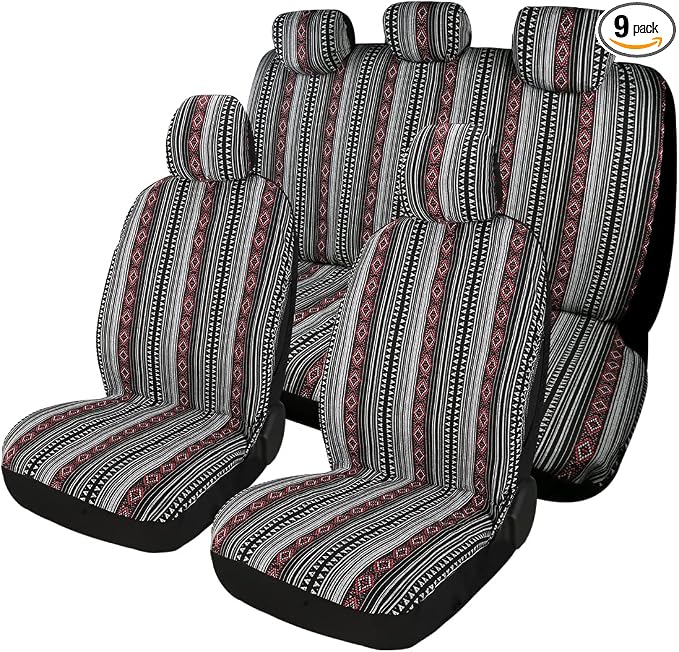 Baja Saddle Blanket Car Seat Covers 9PCS Full Set, Breathable and Washable Striped Woven Automotive Vehicle Seat Cover, Universal Boho Seat Cover for Sedan, SUV, Truck, Airbag Compatible