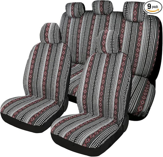 Baja Saddle Blanket Car Seat Covers 9PCS Full Set, Breathable and Washable Striped Woven Automotive Vehicle Seat Cover, Universal Boho Seat Cover for Sedan, SUV, Truck, Airbag Compatible