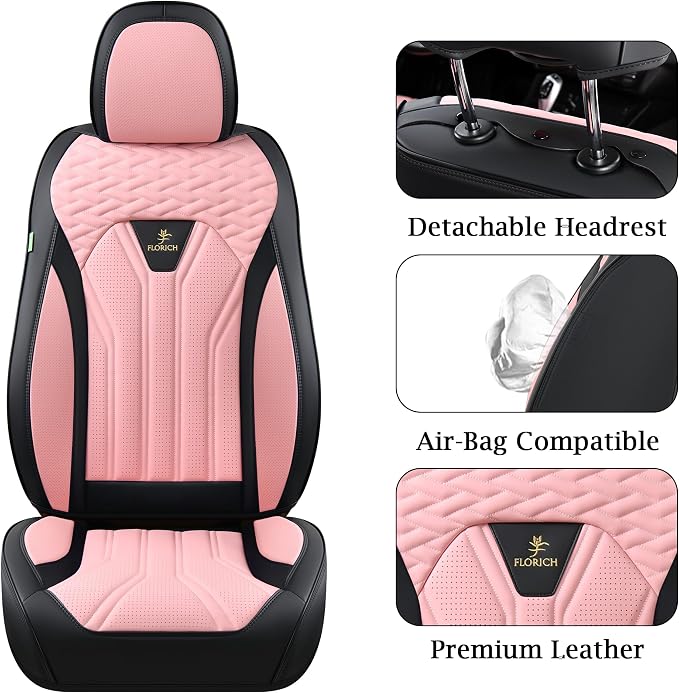 FLORICH Leather Seat Covers, Car Seat Covers Full Set, Car Seat Protectors 5 Seats, Pink Driver Seat Covers Fit for Most Cars Trucks SUV