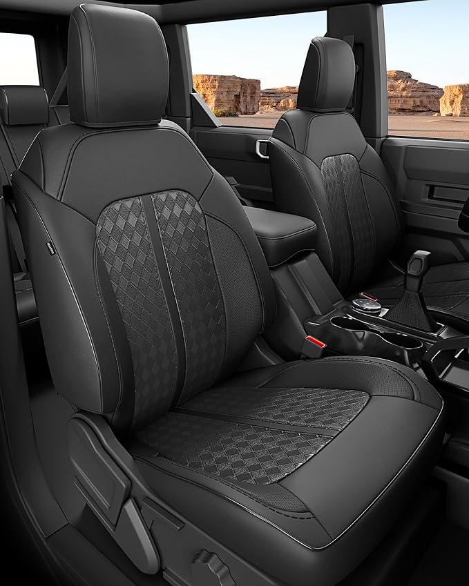 Custom Fit Leather Seat Covers for 2021-2026 Ford Bronco 4 Door | OEM fit, premium waterproof leather, full coverage, anti-slip, storage pockets, long-term durability, airbag compatible