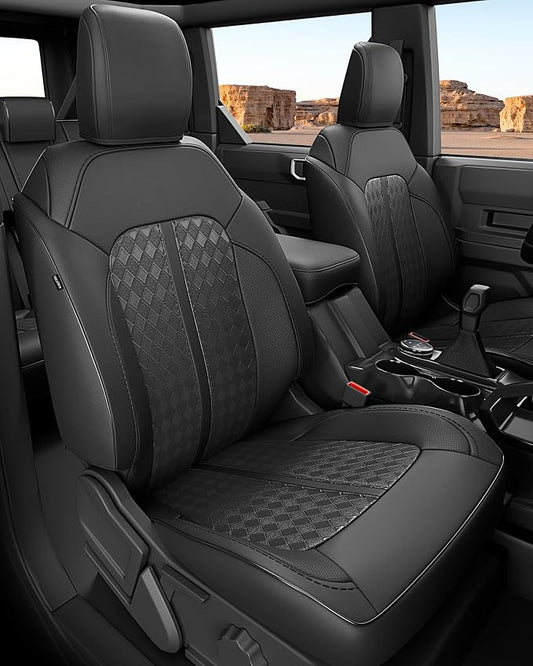 Custom Fit Leather Seat Covers for 2021-2026 Ford Bronco 4 Door | OEM fit, premium waterproof leather, full coverage, anti-slip, storage pockets, long-term durability, airbag compatible