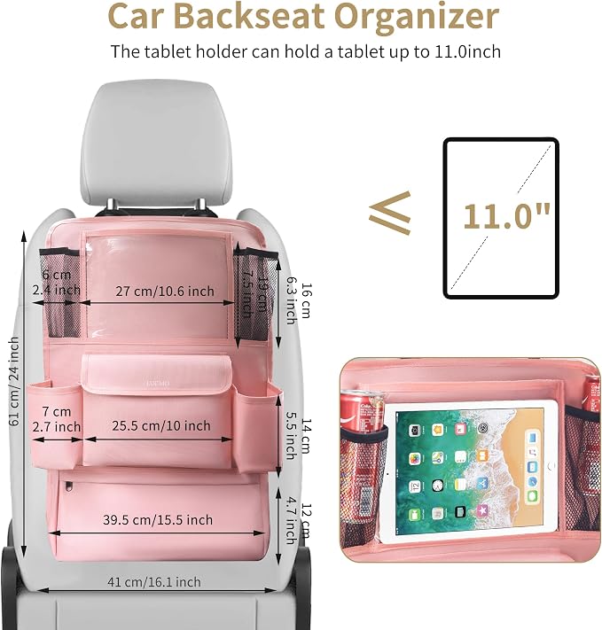 LUCMO Car Backseat Organizer with Touch Screen Tablet Holder, Pink | 9 Storage Pockets,Clear Tablet Holder,Protectors Kick Mats,Travel Accessories,Seat Cover,Road Trip Essentials