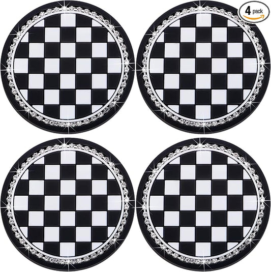 4PCS Car Cup Holder Coasters – Sparkly Bling Design, 2.75 Inch Silicone Insert, Anti-Slip & Shockproof, Fits Most Vehicles (Checkerboard)