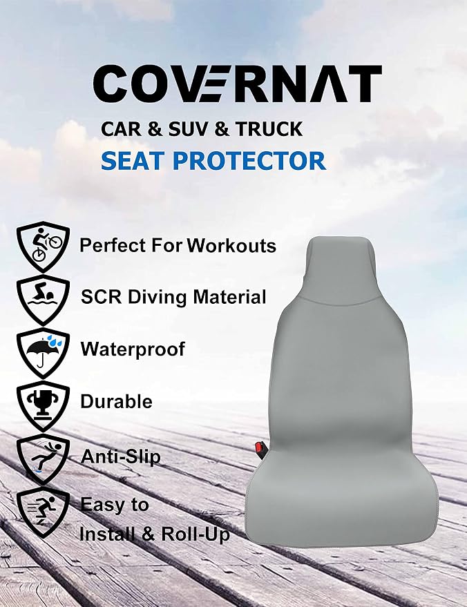 Waterproof Stain Resistant Car Seat Cover for Automotive Van Trucks and SUVs Durable Neoprene Non-Slip Seat Protector with Quick Install Design Perfect for Post Gym Yoga Workout-Grey