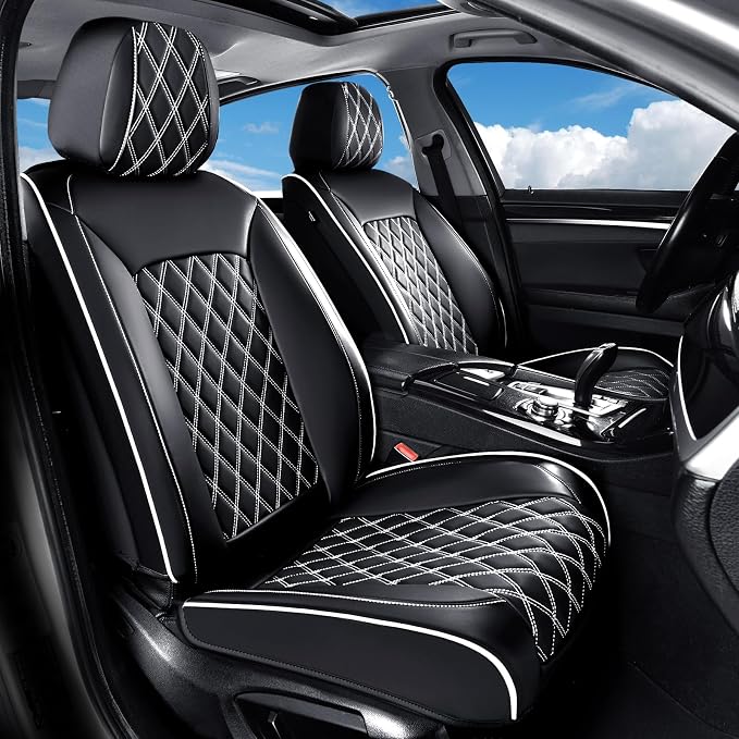 Huidasource Universal Car Seat Cover, Car Seat Cover Set Nappa Leather Universal Fit for Most Cars, Vans, Trucks, SUVs, Compatible with Airbags, Seat Covers Velcro Adjustable (Full Set/Black&White)