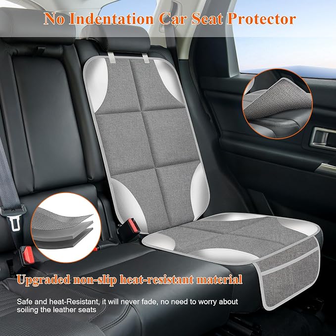 Car Seat Protector, Carseat Seat Protectors with Thick Padding and Upgraded Non-Slip Backing, Waterproof Seat Protector Under Baby Car Seat, 600D Fabric Car Seat Covers, Silver-Gray, 2PCS