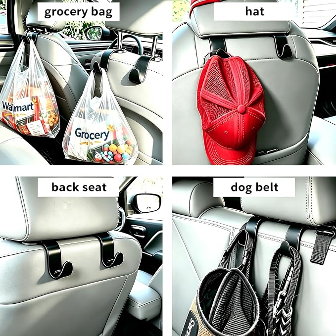 EldHus Car Seat Hooks 4 Pack, Headrest Hooks for Purses Groceries Bags with Metal Lock, Car Purse Holder Seat Back Storage Hooks