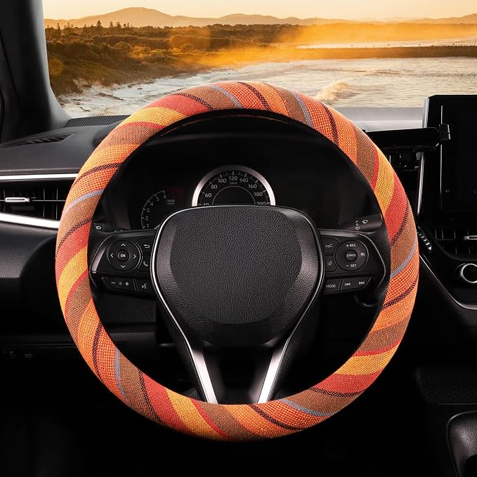 SEG Direct Boho Steering Wheel Cover, Baja Blanket Cloth, Coarse Flax | Bohemian Car Decor, Ethnic Style, Coarse Flax, Fabric Cover Fits 14 1/2-15 1/4 inches Standard Medium Size, for Women Men