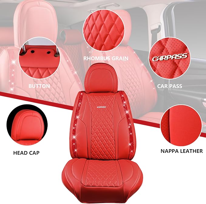 CAR PASS Nappa Leather Bling Diamond Car Seat Covers Full Set Universal Cushioned, Waterproof Heavy-Duty Anti-Slip Luxury Leather, Fit for SUV Sedan, Sparkly Glitter Shining Crystal Red Rhinestones