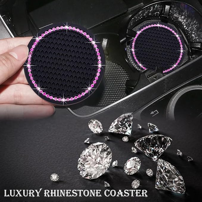 4PCS Bling Cup Holder Coaster, 2.75 Inch Auto Car Cup Holder Insert Coasters, Soft Silicone Anti-Slip Shockproof, Universal Vehicle Interior Accessories for Women Girls (Black & Pink)