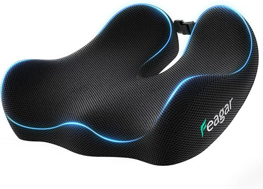Feagar Seat Cushion for Office Chair - Memory Foam Tailbone Cushion for Desk Chair, Car Seat and Wheelchair - Ergonomic Chair Pad for Hip and Lower Back Comfort - Washable Mesh Cover
