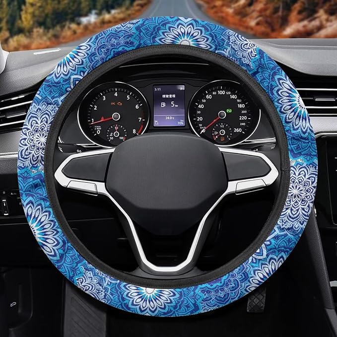AFPANQZ Elastic Steering Wheel Cover Non-Slip Protection for Women Men | Comfort Anti-slip Safety Stretch-on 14-15 inch, Blue Boho Flower Easy Fix Machine Washable Steering Wheel Protection