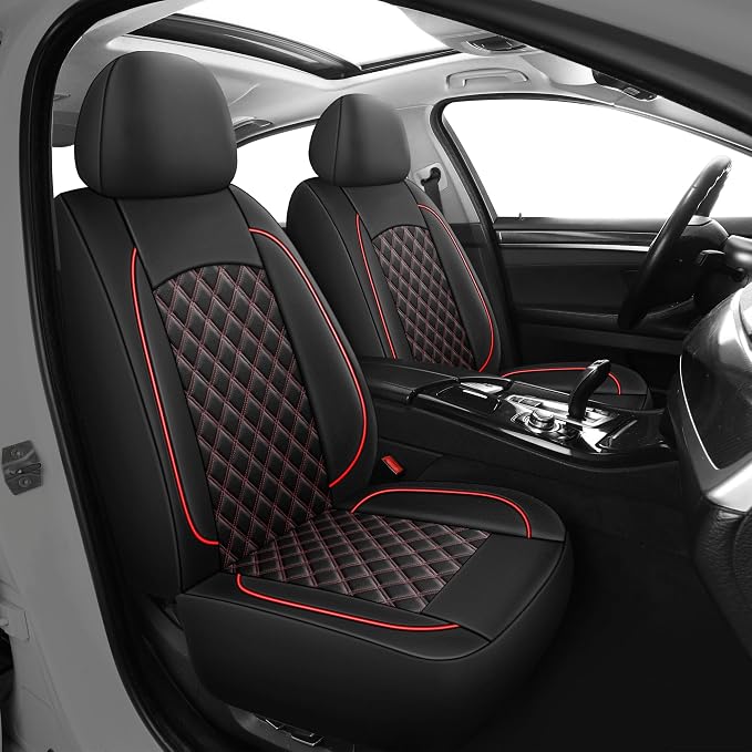 HChengkikz Front Car Seat Cover, Waterproof Nappa Leather (Black + Red) | Breathable, Airbag compatible, Easy to Install, Universal Fit for Most Cars, Sedans, SUVs, Vans, Trucks