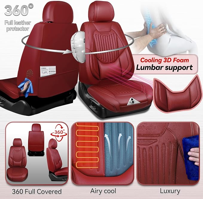 CAR PASS Luxury Nappa Leather Car Seat Covers Full Set, Lumbar Support Seat Covers for Car 5 Seats, Waterproof Car Seat Protector, Automotive Seat Covers Universal Fit for Sedans SUV Trucks Burgundy