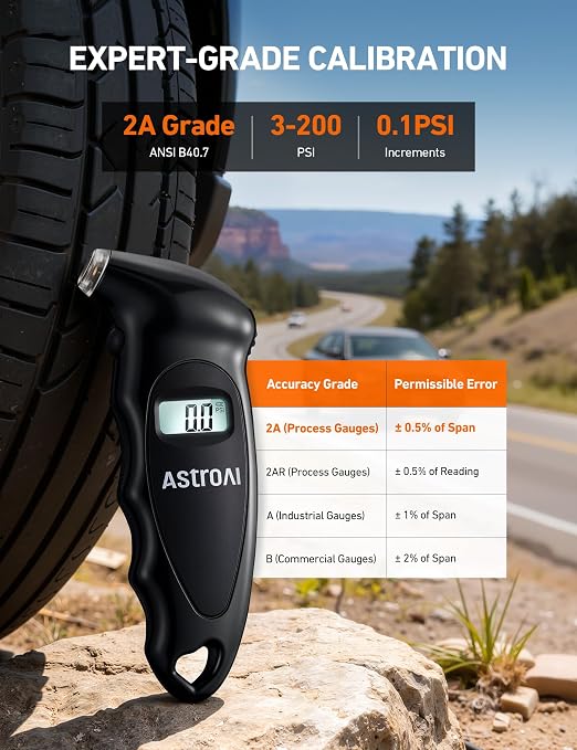 AstroAI Digital Tire Pressure Gauge 0-150PSI Calibrated to ANSI B40.7 +/-1PSI, Accurate in 0.1 Increments, Tire Repair Tools 4 Pressure Measurements for Car Truck with Backlight LCD, Black