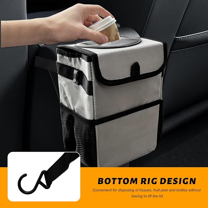 Car Trash Can with Lid, Multipurpose Collapsible Auto Garbage Bin with 3 Storage Pockets, Waterproof Leakproof Oxford Cloth Organizer Hanging Portable Trash Bin for Most Vehicles (Gray)