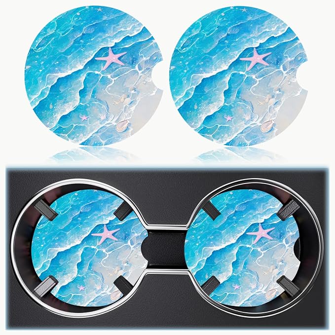 Car Cup Holder Coaster Set of 2, 2.56 in Ceramic Coasters, Scratch-Resistant Cork Backing, Finger Groove Design for Easy Placement, Cute Car Accessories Interior for Women (Blue Starfish)