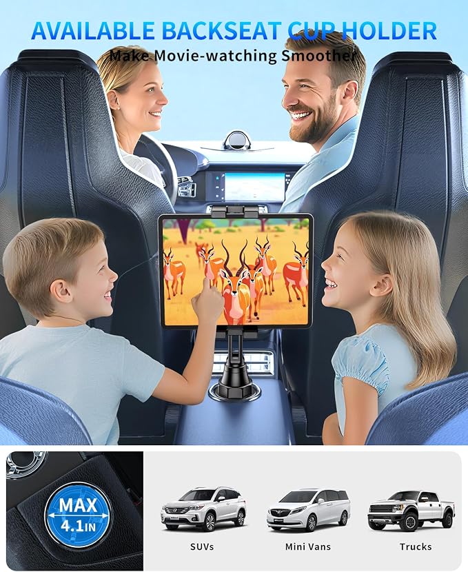 Tablet Holder for Car, Car Cup iPad Holder Mount, [Upgraded Version] Universal Cup Cradle, Long Adjustable Neck, for 4.7-13 Cell Tablet/Phone Stand for iPad, iPhone, Galaxy, Google, Switch and more