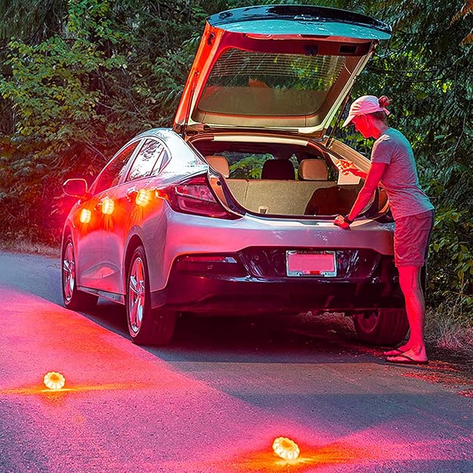 Rechargeable LED Emergency Road Flares Beacon Disc, 650mAh Lithium Battery Car Warning Safety Light with Magnetic Base, 9 Flash Modes IP67 Waterproof Type-C Charging for Vehicle Roadside Breakdown