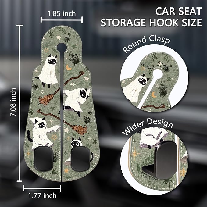 Blusabaca 2PCS Car Hooks for Purses Bags, Halloween Spooky Cute Cat Witch Magic Seat Back Storage Headrest Holder Hanger PU Leather Double Metal Backseat Organizer, Women Car Accessories Organization