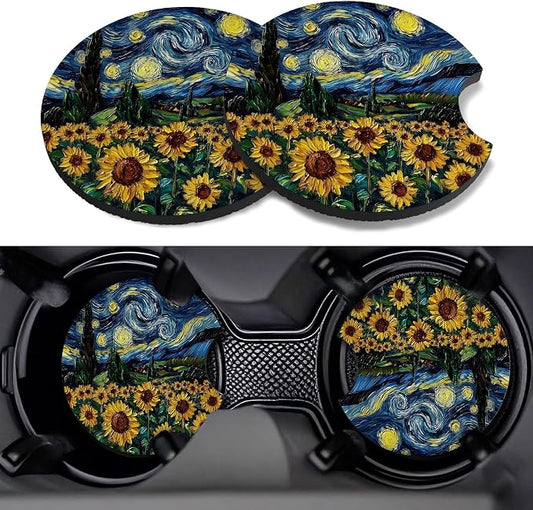 Car Cup Coasters,2 Pack Car Coaster,2.75inch Anti Slip and Absorbent Cars Coasters for Cup Holders,Neopren Accessories for Women,Cute Decor for Women (Starry Sunflowers)