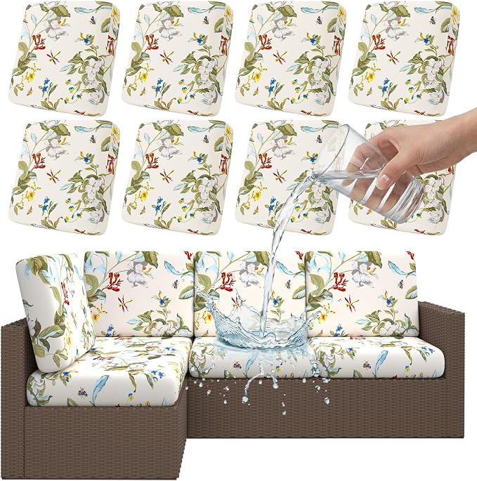 Smiry Waterproof Patio Cushion Covers, Stretch Outdoor Couch Slipcovers Replacement Washable Furniture Protector Sofa Chair Seat Cover for Dogs and Pets (8 Pcs, Beige and Green)