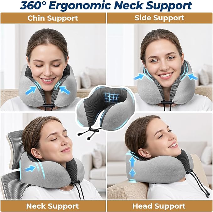 ExploreBliss Travel Pillow, Travel Pillows for Sleeping Airplane, Neck Pillow Airplane, Memory Foam Neck Pillow Set with Eye Mask, Earplugs and Storage Bag -Light Grey