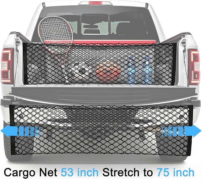 BAILALIBO Cargo Net with Metal Hooks, 53x18 in | Elastic stretchable mesh, adjustable for Pickup/truck/jeep, universal fit, secure trunk storage, heavy-duty for car exterior
